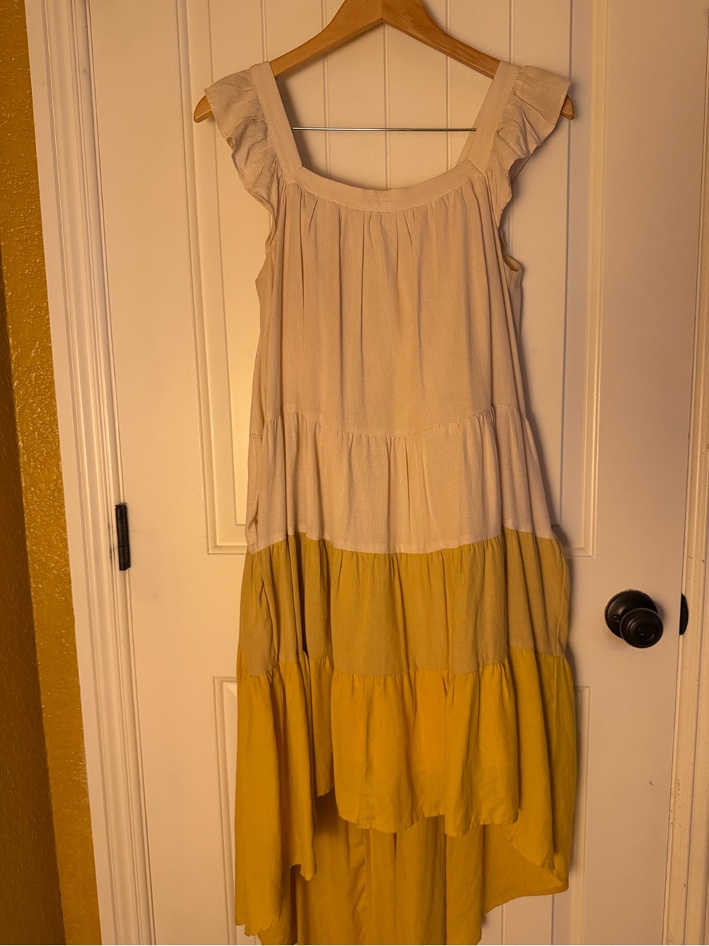 moodie Cream and Mustard Tiered Flutter Sleeve Dress